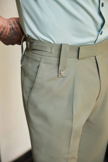 Buy_Philocaly_Green Polyester Sylvan Straight Fit Trouser_Online_at_Aza_Fashions