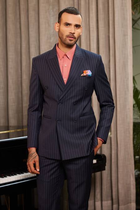 Philocaly_Blue Wool Finch Chalk Striped Blazer_Online_at_Aza_Fashions