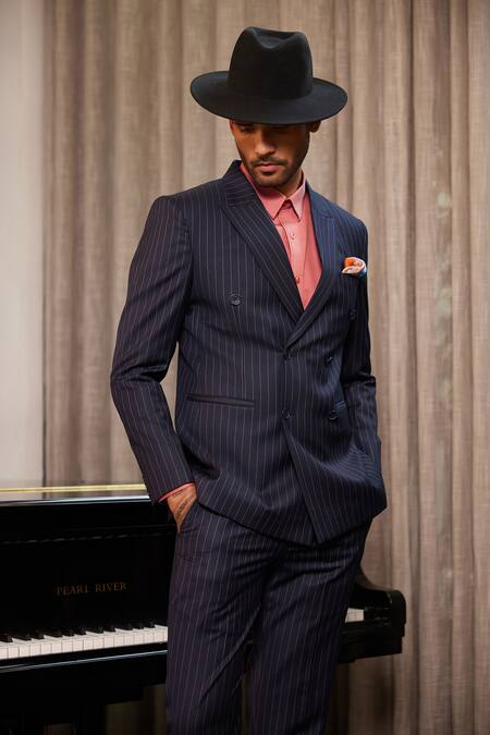 Shop_Philocaly_Blue Wool Finch Chalk Striped Blazer_Online_at_Aza_Fashions