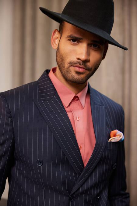 Philocaly_Blue Wool Finch Chalk Striped Blazer_at_Aza_Fashions