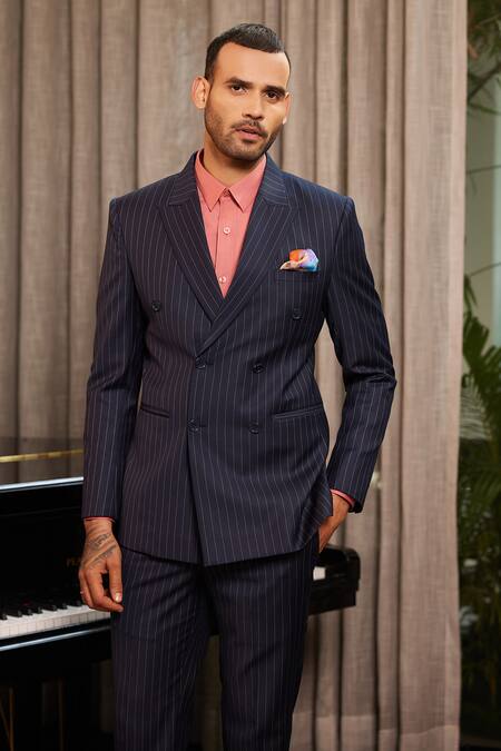 Philocaly_Blue Wool Chalk Striped Blazer With Pant_Online_at_Aza_Fashions