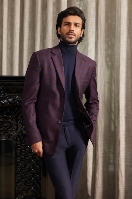 Philocaly Blue Wool Dusk Dupplin Checks Print Blazer Online at Aza Fashions Philocaly_Blue Wool Dusk Dupplin Checks Print Blazer_Online_at_Aza_Fashions