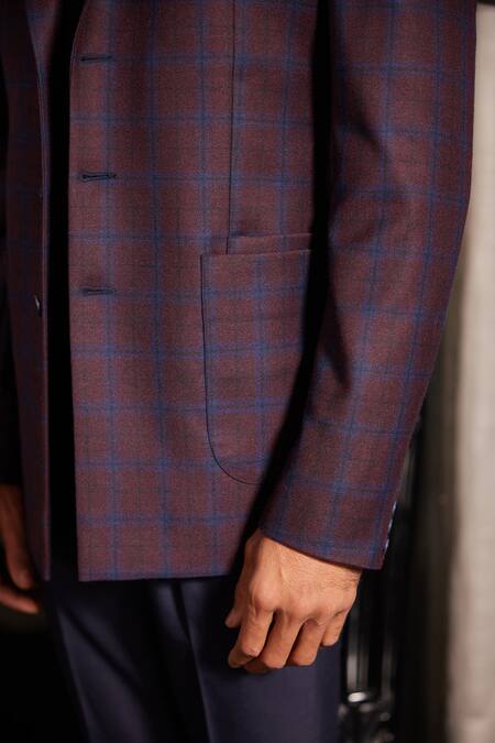 Philocaly Blue Wool Dusk Dupplin Checks Print Blazer at Aza Fashions Philocaly_Blue Wool Dusk Dupplin Checks Print Blazer_at_Aza_Fashions