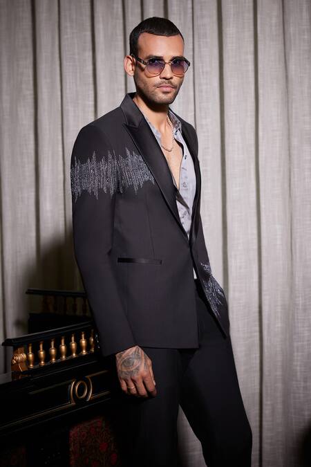 Buy_Philocaly_Black Wool Embroidery Stellar Single Breasted Blazer _Online_at_Aza_Fashions