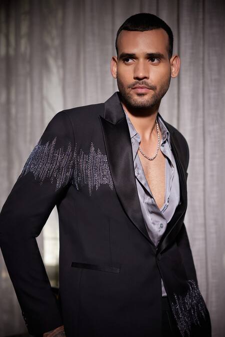 Shop_Philocaly_Black Wool Embroidery Stellar Single Breasted Blazer _Online_at_Aza_Fashions