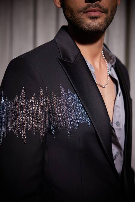 Philocaly_Black Wool Embroidery Stellar Single Breasted Blazer _at_Aza_Fashions