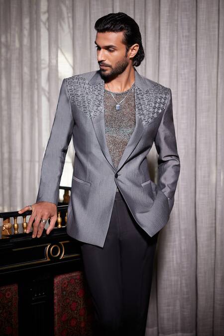Shop_Philocaly_Silver Wool, Silk Embroidery Luminar Single Breasted Blazer _Online_at_Aza_Fashions