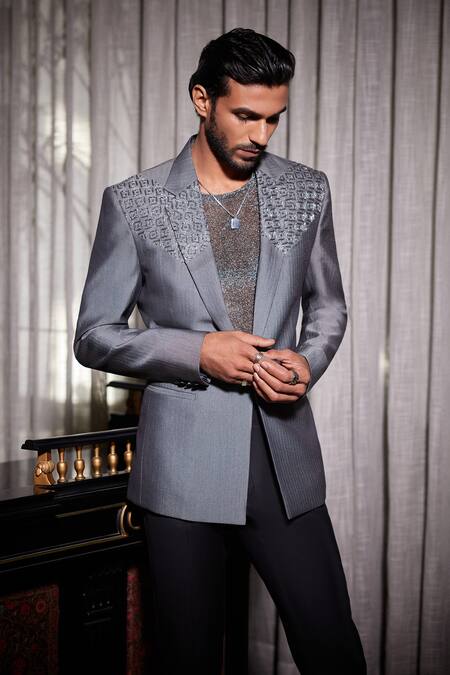 Philocaly_Silver Wool, Silk Embroidery Luminar Single Breasted Blazer _at_Aza_Fashions