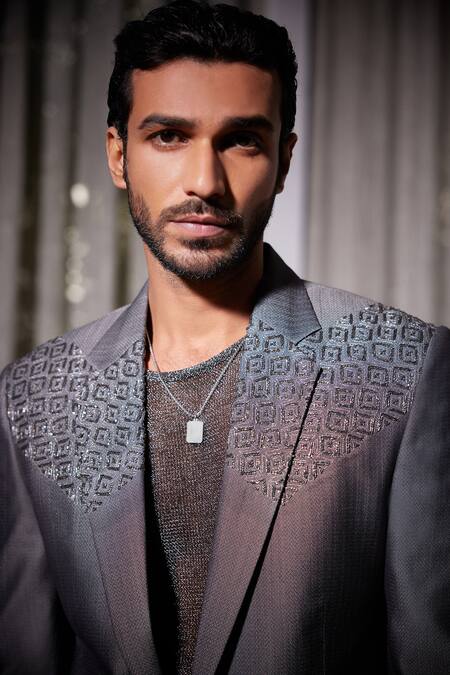 Buy_Philocaly_Silver Wool, Silk Embroidery Luminar Single Breasted Blazer 