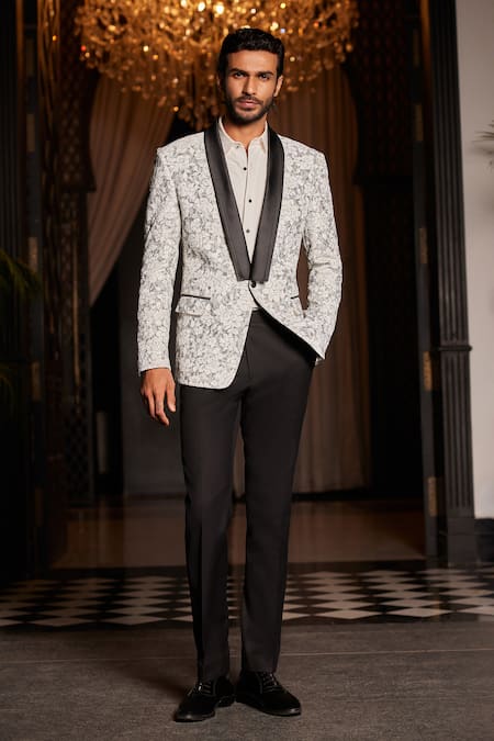 Philocaly White Wool Roseria Pattern Single Breasted Blazer 