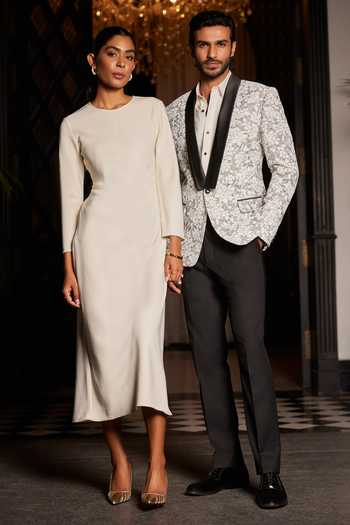 Philocaly_White Silk, Wool Embroidery Roseria Pattern Single Breasted Blazer_Online_at_Aza_Fashions