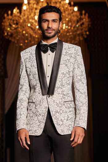 Shop_Philocaly_White Silk, Wool Embroidery Roseria Pattern Single Breasted Blazer_Online_at_Aza_Fashions