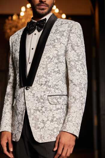 Philocaly_White Silk, Wool Embroidery Roseria Pattern Single Breasted Blazer_at_Aza_Fashions