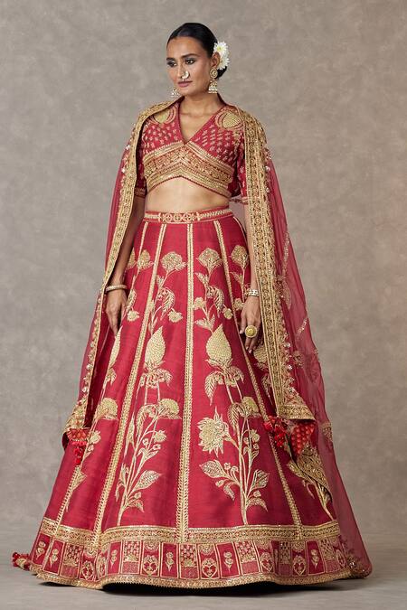 Masaba_Maroon Silk, Organza Sequins, Anar Phool Dabka Embroidered Bridal Lehenga Set _Online_at_Aza_Fashions