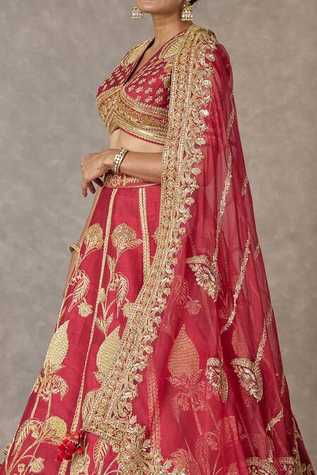 Buy_Masaba_Maroon Silk, Organza Sequins, Anar Phool Dabka Embroidered Bridal Lehenga Set _Online_at_Aza_Fashions