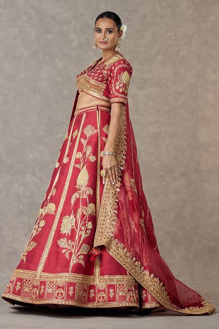 Shop_Masaba_Maroon Silk, Organza Sequins, Anar Phool Dabka Embroidered Bridal Lehenga Set _Online_at_Aza_Fashions