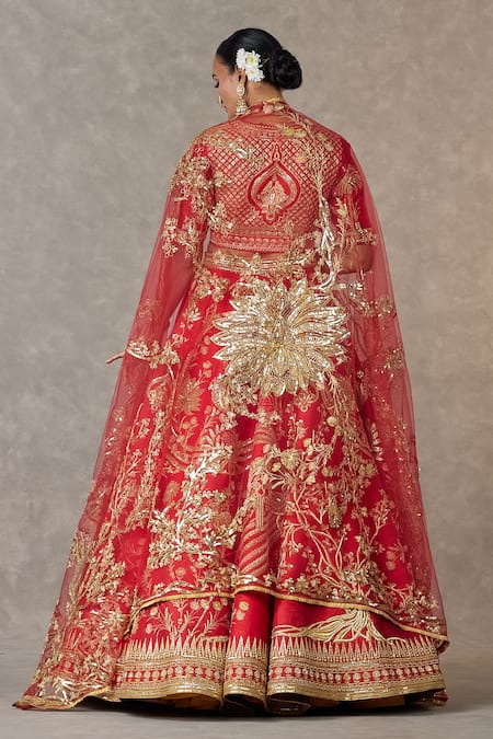 Shop Masaba Red Silk, Tissue Embroidery, Sequins V-neck Bagh-e-bahar Bridal Lehenga Set at Aza Fashions Shop_Masaba_Red Silk, Tissue Embroidery, Sequins V-neck Bagh-e-bahar Bridal Lehenga Set _at_Aza_Fashions