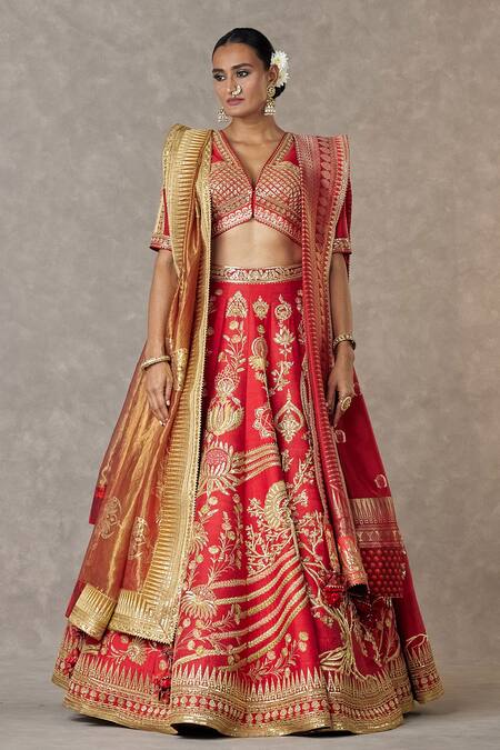 Shop Masaba Red Silk, Tissue Embroidery, Sequins V-neck Bagh-e-bahar Bridal Lehenga Set Online at Aza Fashions Shop_Masaba_Red Silk, Tissue Embroidery, Sequins V-neck Bagh-e-bahar Bridal Lehenga Set _Online_at_Aza_Fashions