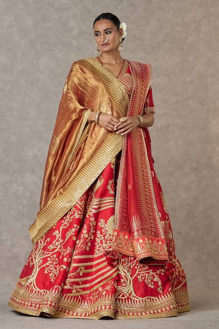 Masaba Red Silk, Tissue Embroidery, Sequins V-neck Bagh-e-bahar Bridal Lehenga Set at Aza Fashions Masaba_Red Silk, Tissue Embroidery, Sequins V-neck Bagh-e-bahar Bridal Lehenga Set _at_Aza_Fashions