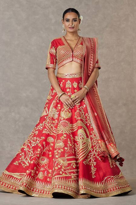 Buy_Masaba_Red , Satin Embroidery, Mirrors, Bagh-e-bahar Bridal Lehenga Set _Online_at_Aza_Fashions