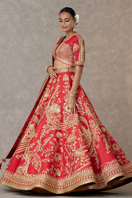 Shop_Masaba_Red , Satin Embroidery, Mirrors, Bagh-e-bahar Bridal Lehenga Set _Online_at_Aza_Fashions