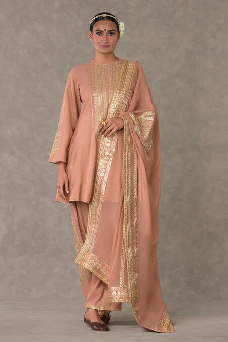 Masaba_Pink Cotton, Silk, Organza Embroidery Collared Anar Phool Dori Kurta Set_Online_at_Aza_Fashions