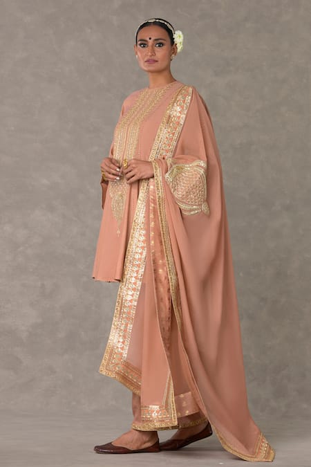 Buy_Masaba_Pink Cotton, Silk, Organza Embroidery Collared Anar Phool Dori Kurta Set_Online_at_Aza_Fashions