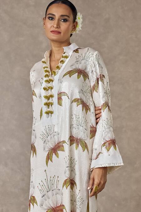 Masaba_Ivory Silk Tassels Mandarin Collar Masakali Sequin Embroidered Kurta_Online_at_Aza_Fashions