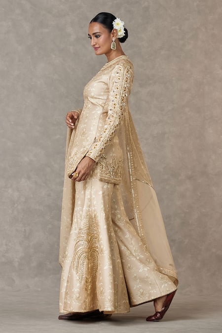 Masaba_Beige Silk, Organza Embroidery Collared Narangi Bagh Print Kurta Sharara Set_Online_at_Aza_Fashions