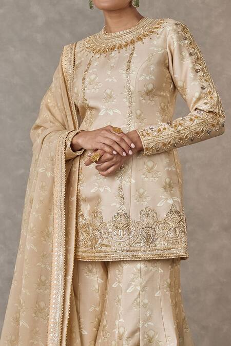 Buy_Masaba_Beige Silk, Organza Embroidery Collared Narangi Bagh Print Kurta Sharara Set_Online_at_Aza_Fashions