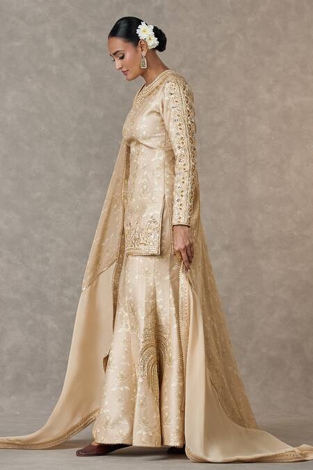 Shop_Masaba_Beige Silk, Organza Embroidery Collared Narangi Bagh Print Kurta Sharara Set_Online_at_Aza_Fashions