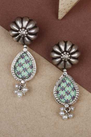 Shop Sangeeta Boochra Silver Plated Pearls Hena Floral Drop Earrings at Aza Fashions Shop_Sangeeta Boochra_Silver Plated Pearls Hena Floral Drop Earrings _at_Aza_Fashions