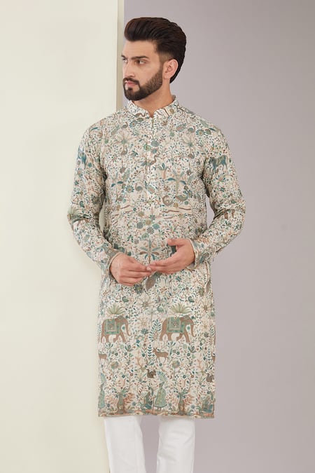 Buy_Kasbah_Ivory Georgette Sequins, Embroidery Kalamkari Pattern Kurta _Online_at_Aza_Fashions