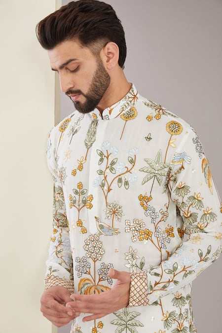 Kasbah_White Georgette Embroidery, Sequins Forest Patterned Kurta _Online_at_Aza_Fashions