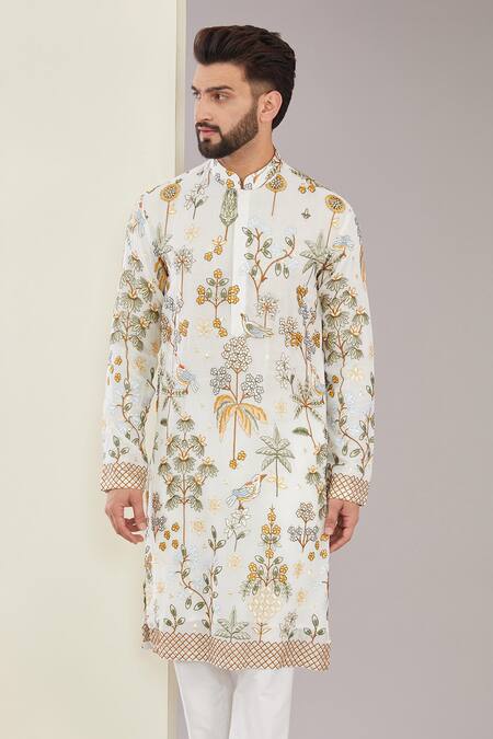 Buy_Kasbah_White Georgette Embroidery, Sequins Forest Patterned Kurta _Online_at_Aza_Fashions