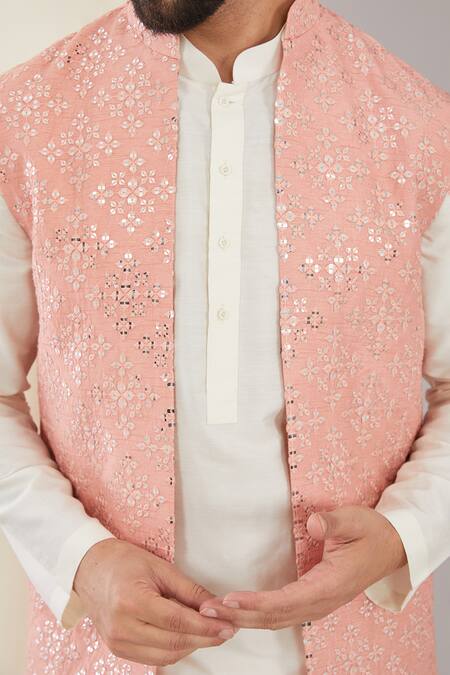 Shop_Kasbah_Peach Silk Embroidery, Mirrors Long Shrug _Online_at_Aza_Fashions