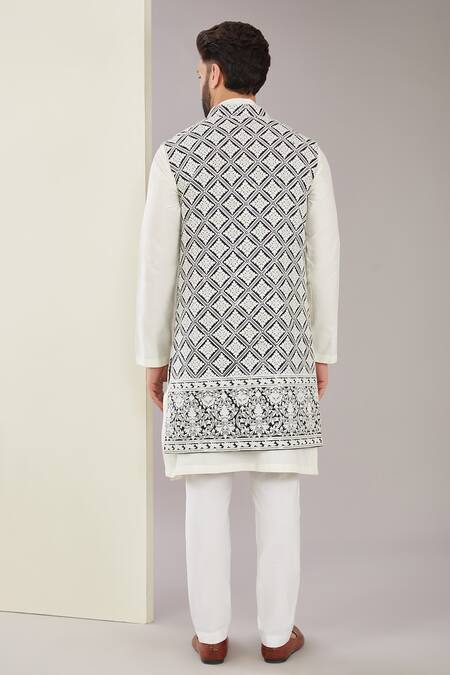 Shop_Kasbah_White Silk Embroidery Floral Long Shrug_at_Aza_Fashions