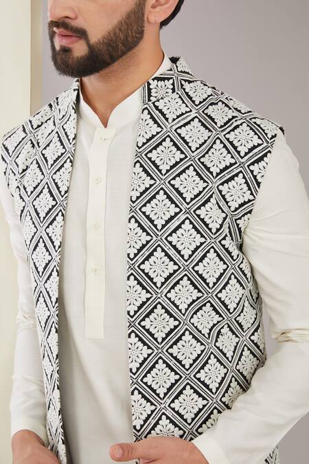 Kasbah_White Silk Embroidery Floral Long Shrug_Online_at_Aza_Fashions