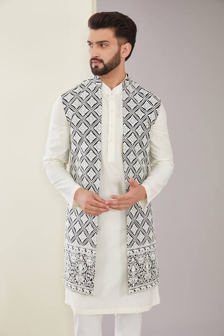 Buy_Kasbah_White Silk Embroidery Floral Long Shrug_Online_at_Aza_Fashions