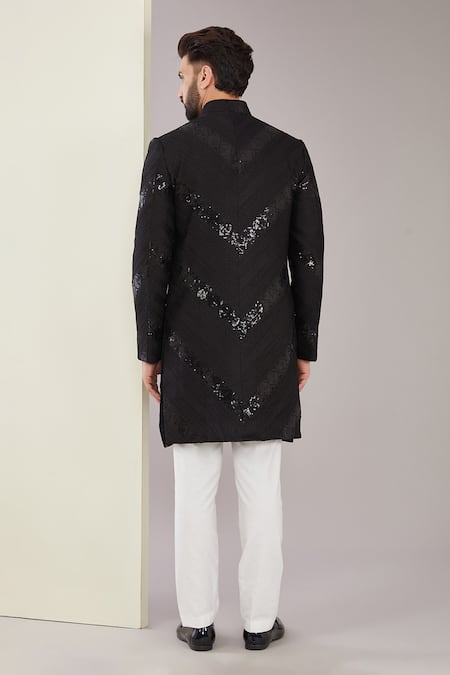 Shop_Kasbah_Black Silk Sequins, Embroidery Chevron Sherwani_at_Aza_Fashions