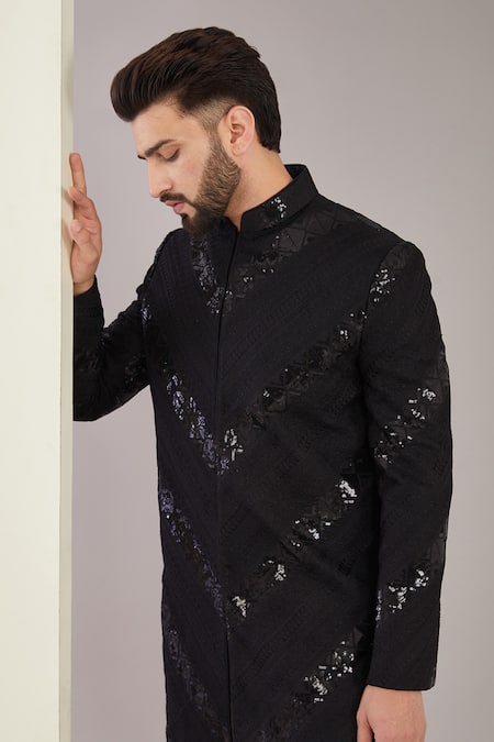 Kasbah_Black Silk Sequins, Embroidery Chevron Sherwani_Online_at_Aza_Fashions