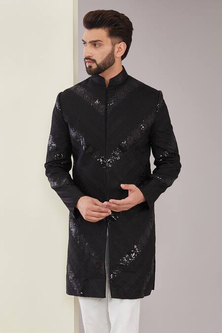 Buy_Kasbah_Black Silk Sequins, Embroidery Chevron Sherwani_Online_at_Aza_Fashions