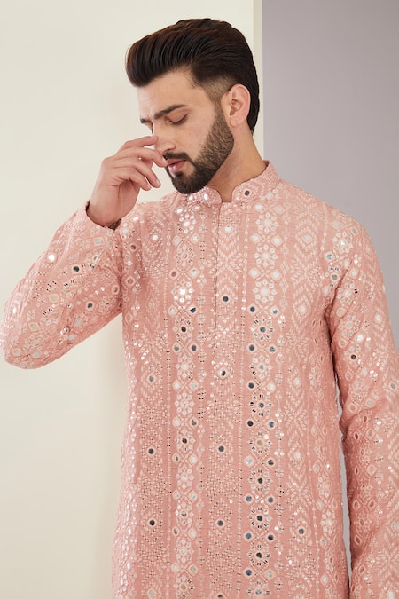 Kasbah_Peach Silk, Cotton Mirrors Embroidered Kurta Set _Online_at_Aza_Fashions