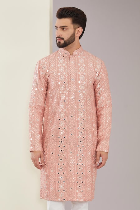 Buy_Kasbah_Peach Silk, Cotton Mirrors Embroidered Kurta Set _Online_at_Aza_Fashions