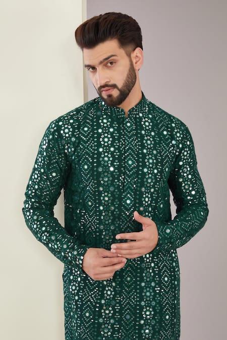 Kasbah Green Silk, Cotton Mirrors Floral Embroidered Kurta Set Online at Aza Fashions Kasbah_Green Silk, Cotton Mirrors Floral Embroidered Kurta Set _Online_at_Aza_Fashions
