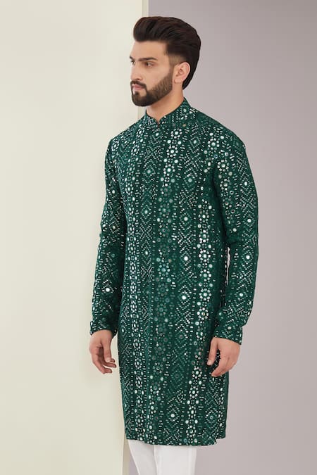 Buy Kasbah Green Silk, Cotton Mirrors Floral Embroidered Kurta Set Online at Aza Fashions Buy_Kasbah_Green Silk, Cotton Mirrors Floral Embroidered Kurta Set _Online_at_Aza_Fashions