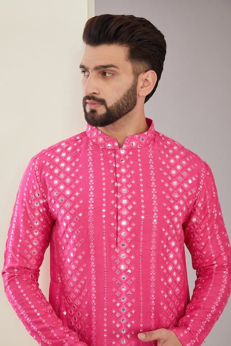 Kasbah_Pink Silk, Cotton Mirrors Geometric Embroidered Pattern Kurta Set _Online_at_Aza_Fashions