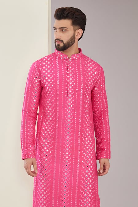 Buy_Kasbah_Pink Silk, Cotton Mirrors Geometric Embroidered Pattern Kurta Set _Online_at_Aza_Fashions