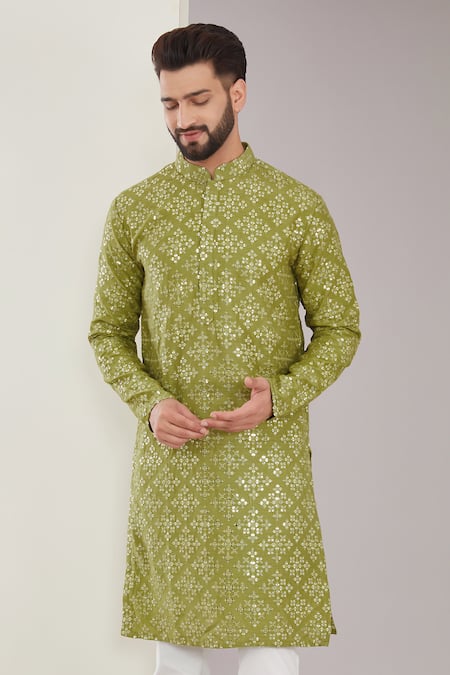 Buy_Kasbah_Green Silk Mirrors Floral Embroidered Pattern Kurta _Online_at_Aza_Fashions