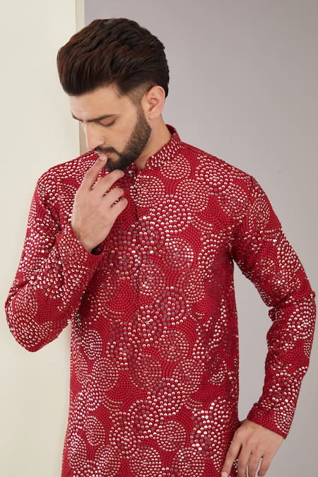 Kasbah Maroon Silk, Cotton Sequins Circular Embroidered Pattern Kurta Set Online at Aza Fashions Kasbah_Maroon Silk, Cotton Sequins Circular Embroidered Pattern Kurta Set _Online_at_Aza_Fashions